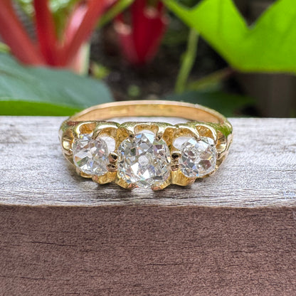 Antique 18ct yellow gold three stone 1.07ct TCW old mine cut diamond belcher ring