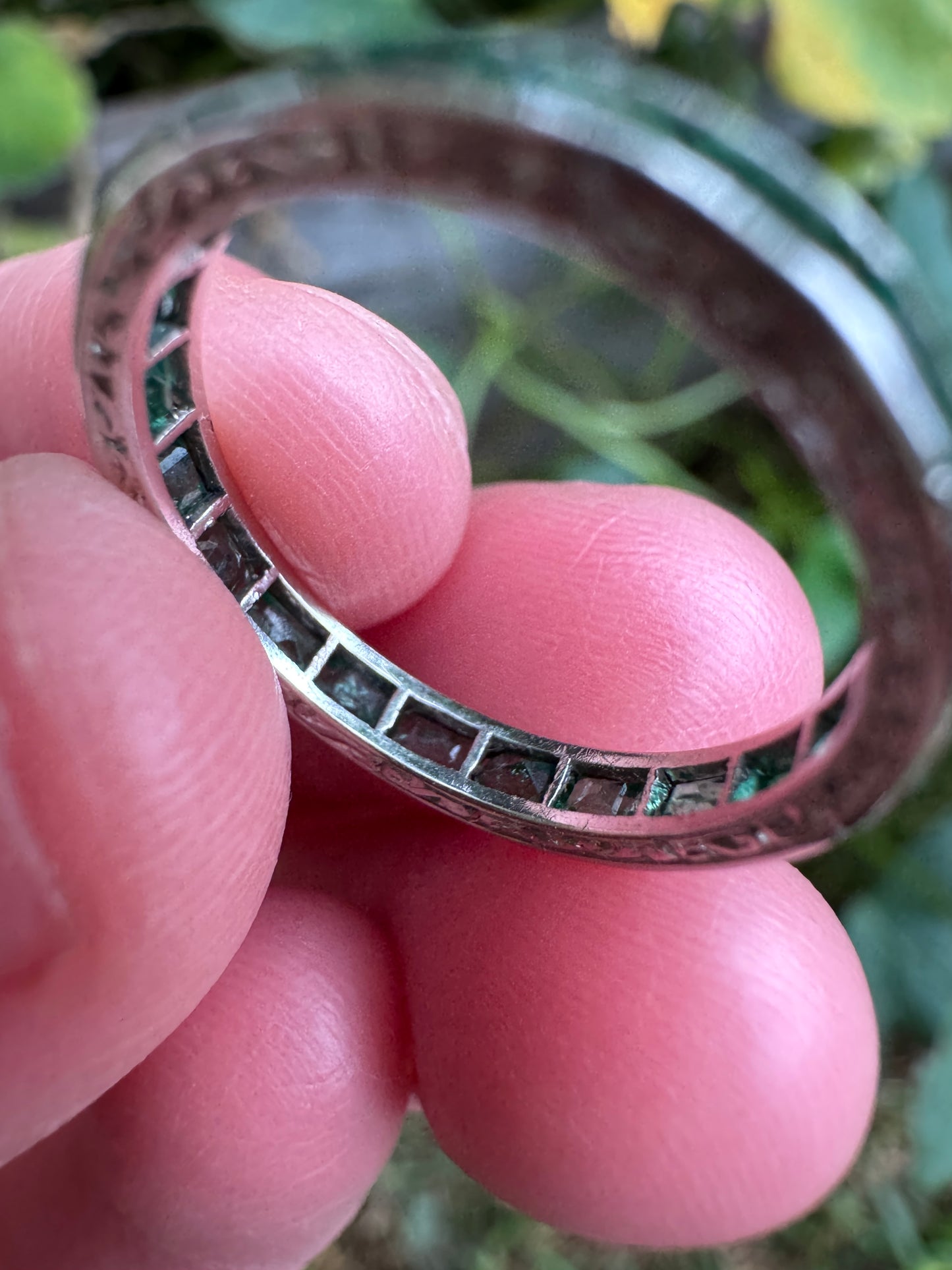 Antique platinum 1.02ct TCW natural emerald engraved eternity ring