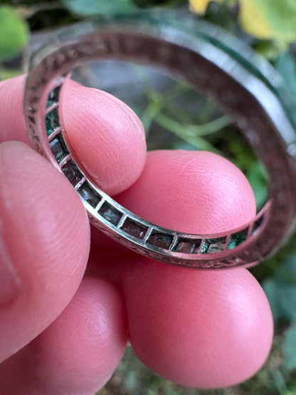Antique platinum 1.02ct TCW natural emerald engraved eternity ring
