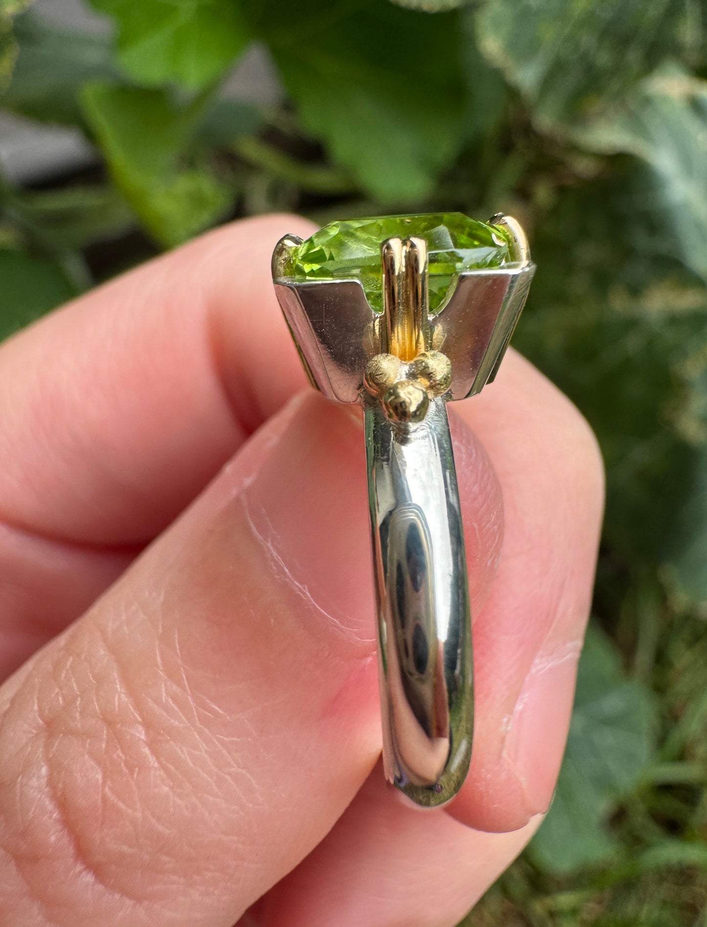 Custom handmade sterling silver and recycled 18ct yellow gold 2.54ct peridot ring