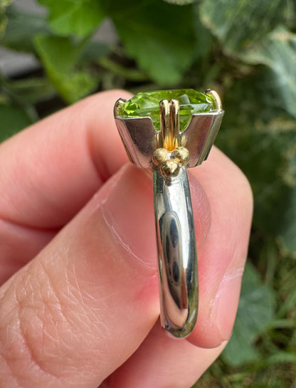 Custom handmade sterling silver and recycled 18ct yellow gold 2.54ct peridot ring