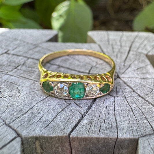 Vintage 18ct yellow gold five stone 0.33ct TCW natural emerald and 0.25ct TCW old mine cut diamond ring