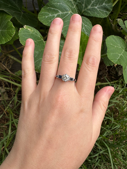 Antique 18ct white gold 0.87ct old European cut diamond and 0.5ct TCW baguette cut natural sapphire ring