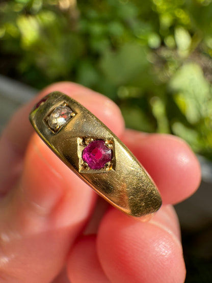Antique Victorian 18ct yellow gold rose cut diamond and cushion cut ruby gypsy ring