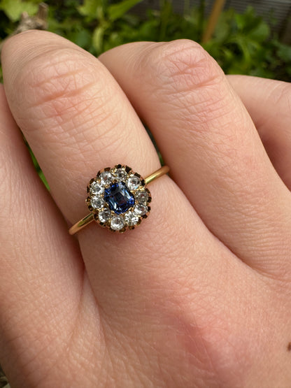 Vintage 18ct yellow gold 0.2ct old cushion cut natural sapphire and 0.3ct TCW old mine cut diamond cluster ring