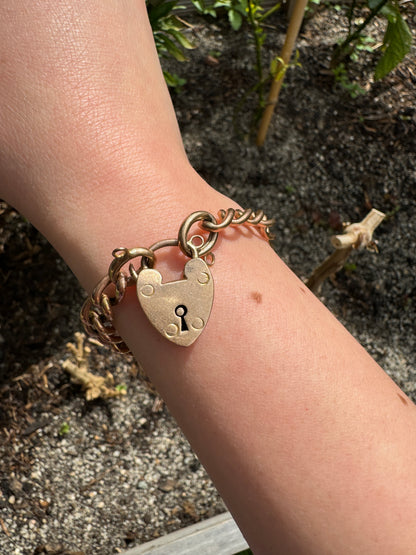 Antique 9ct rosy yellow gold heart padlock bracelet, 18cm / 7.1 inches long