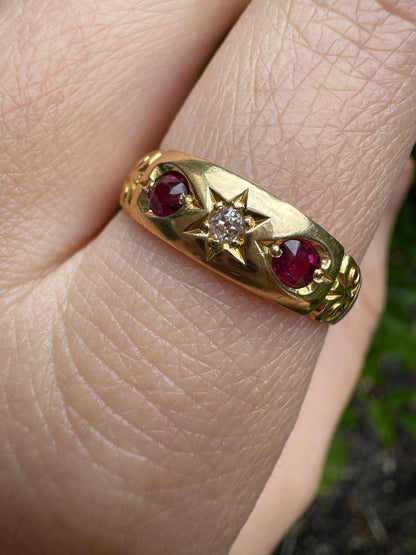 Antique Victorian English 18ct yellow gold 0.3ct TCW cushion cut natural ruby and 4pt old mine cut diamond gypsy ring