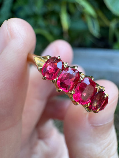 Antique 18ct yellow gold five stone 1.09ct TCW old single cut natural pink 'Jedi' spinel ring