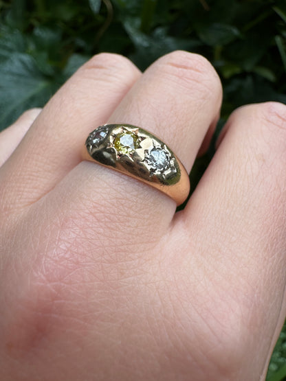 Antique 18ct yellow gold three stone 0.54ct TCW old cut diamond starset gypsy ring with fancy yellow centre