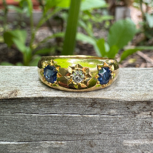 Antique Victorian English 18ct yellow gold 0.73ct TCW old cut natural sapphire and 8pt old mine cut diamond starset gypsy ring