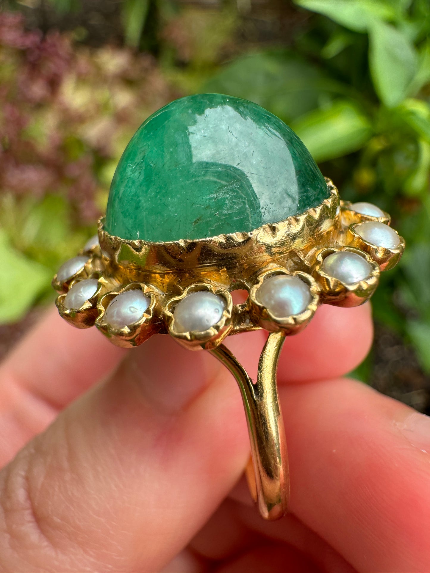 Vintage French 18ct yellow gold sugarloaf emerald cabochon and pearl ring