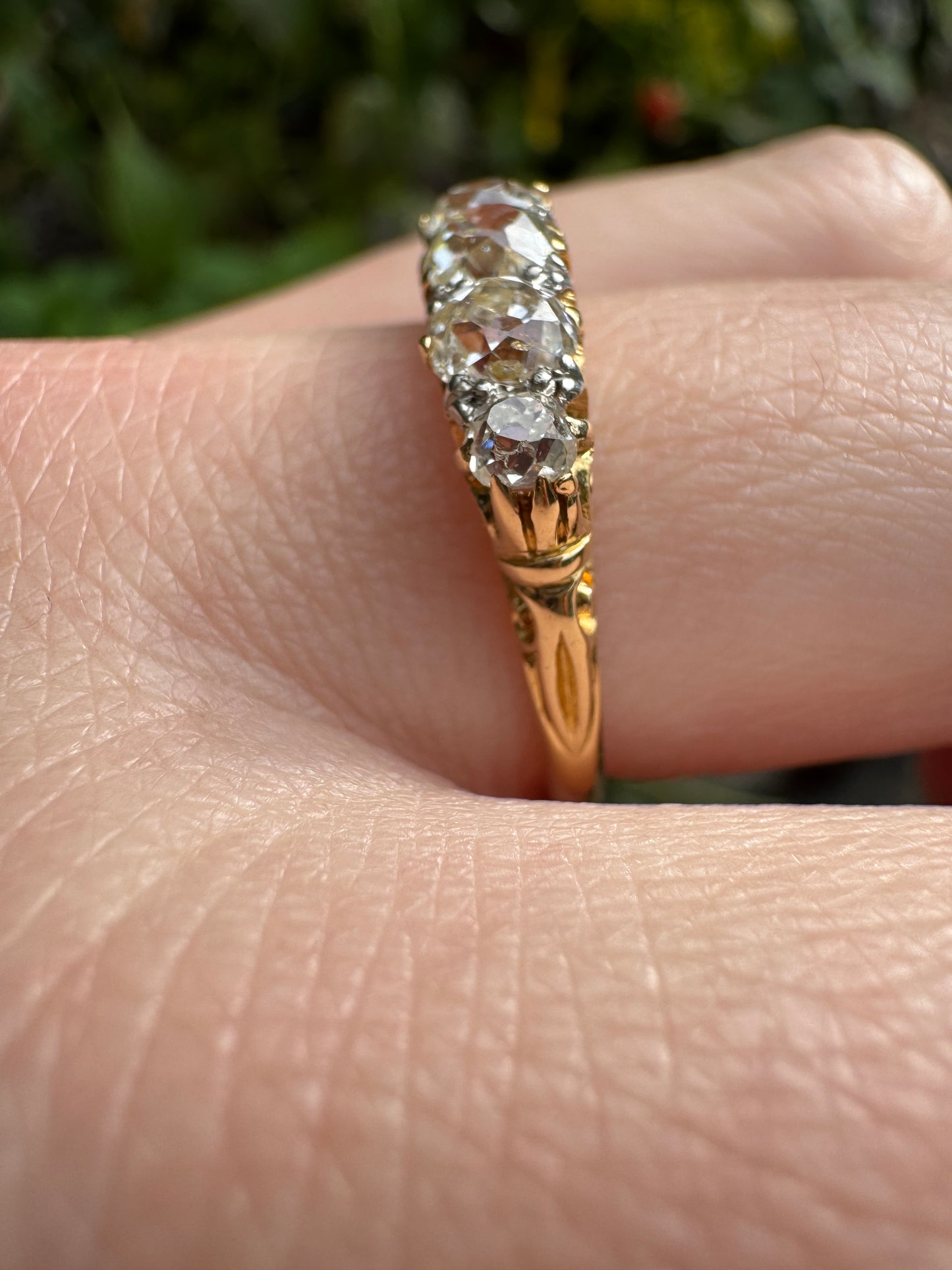 Antique 18ct gold old mine cut diamond five stone ring