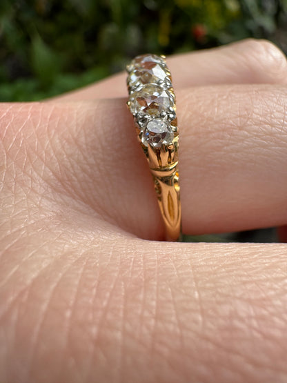 Antique 18ct gold old mine cut diamond five stone ring