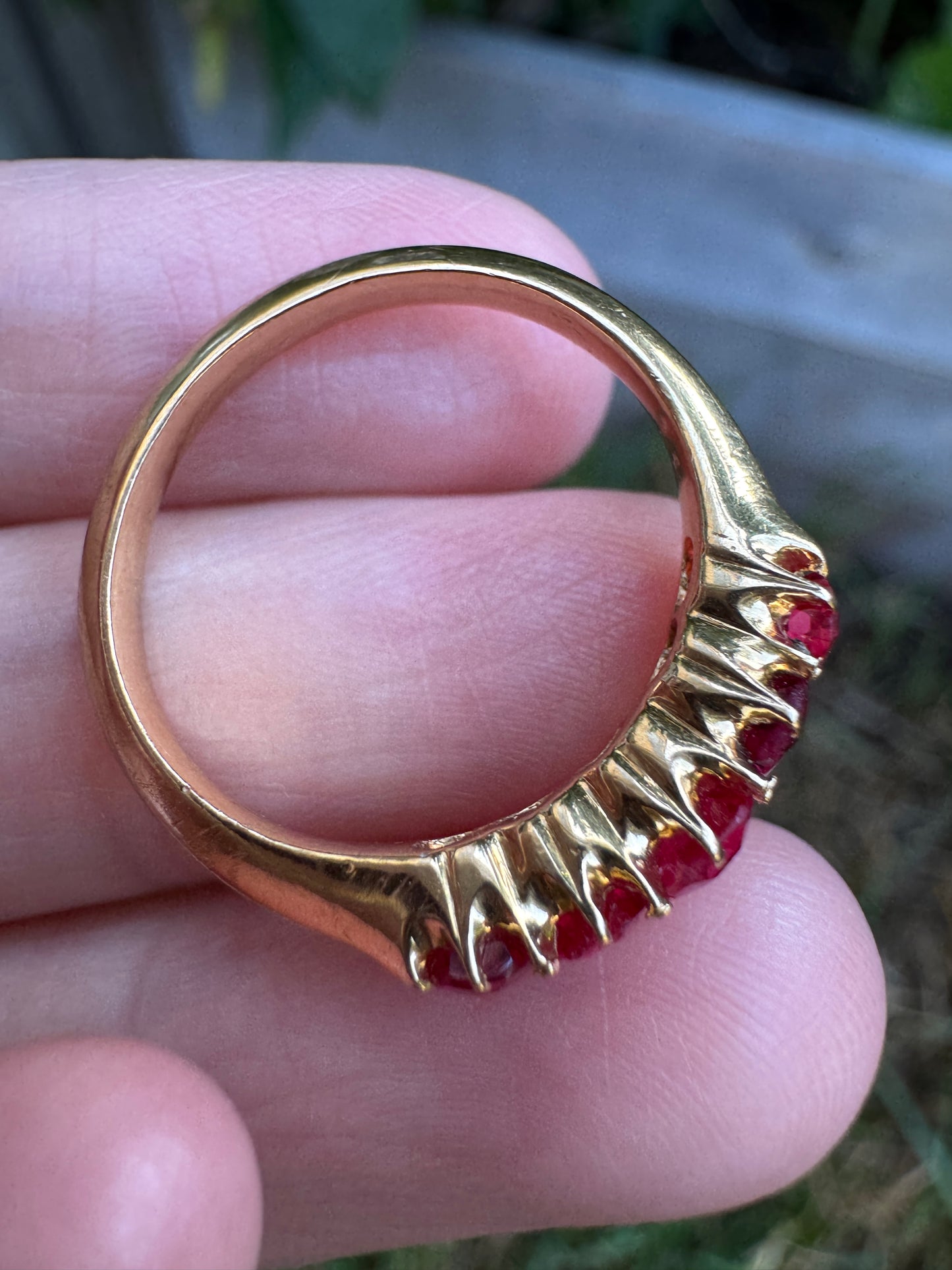Antique 18ct yellow gold five stone 1.09ct TCW old single cut natural pink 'Jedi' spinel ring