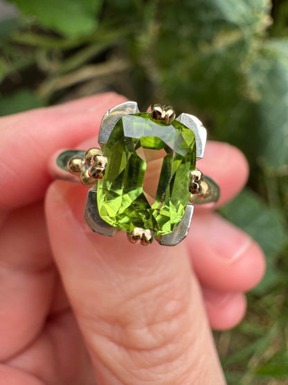 Custom handmade sterling silver and recycled 18ct yellow gold 2.54ct peridot ring