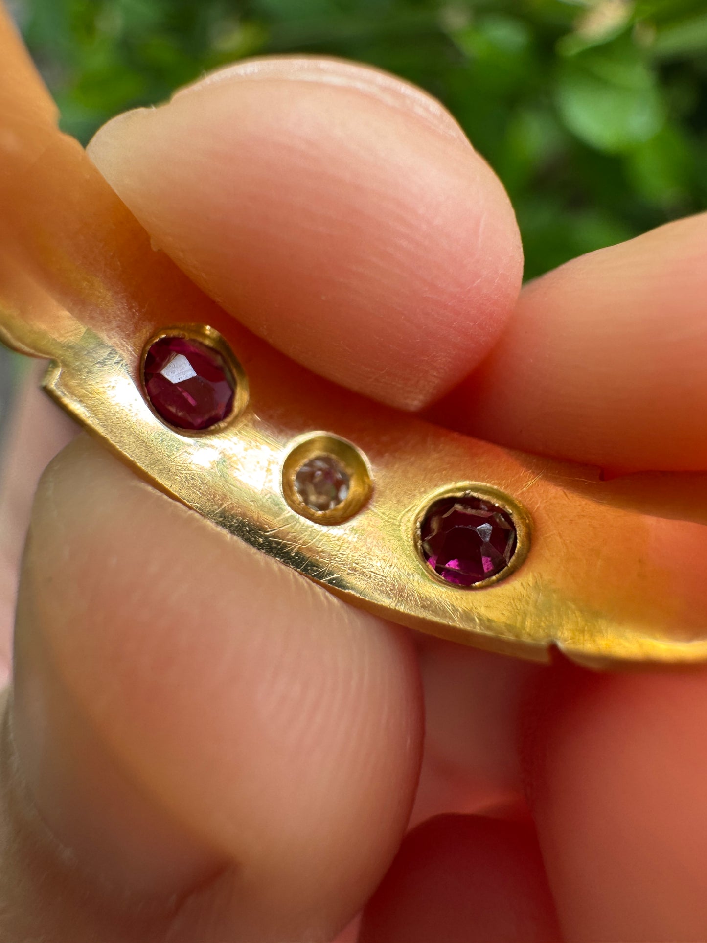 Antique Victorian English 18ct yellow gold 0.3ct TCW cushion cut natural ruby and 4pt old mine cut diamond gypsy ring