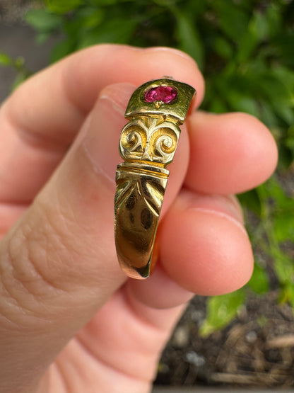 Antique Victorian English 18ct yellow gold 0.3ct TCW cushion cut natural ruby and 4pt old mine cut diamond gypsy ring