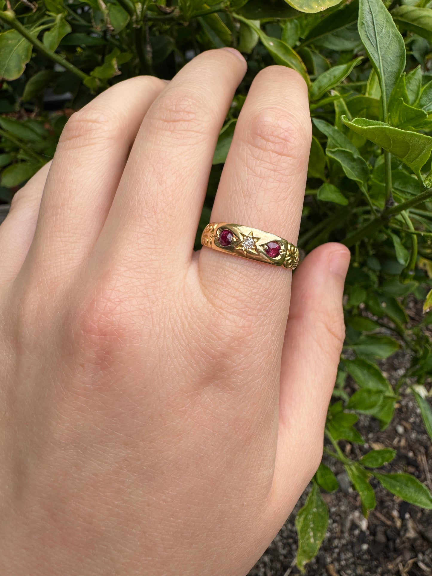 Antique Victorian English 18ct yellow gold 0.3ct TCW cushion cut natural ruby and 4pt old mine cut diamond gypsy ring