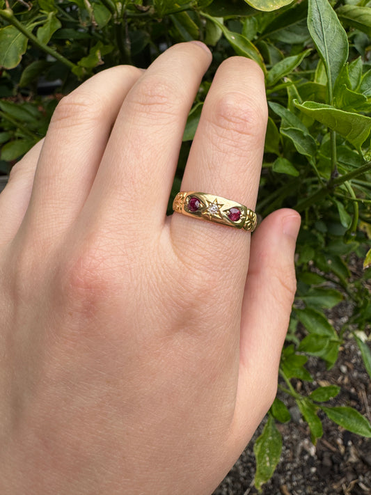 Antique Victorian English 18ct yellow gold 0.3ct TCW cushion cut natural ruby and 4pt old mine cut diamond gypsy ring