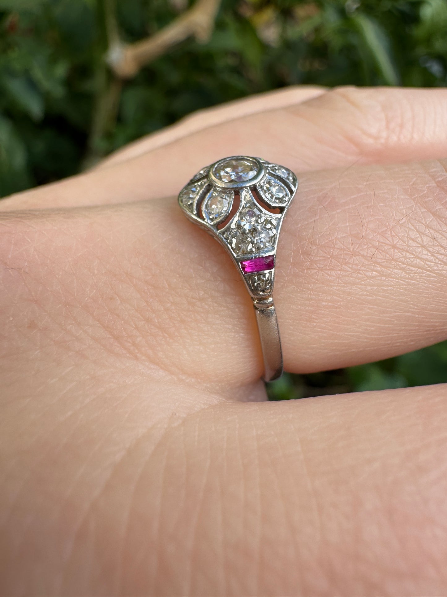 Antique platinum 0.17ct old mine cut and 0.12ct TCW old single cut diamond ring with accent ruby cabochons