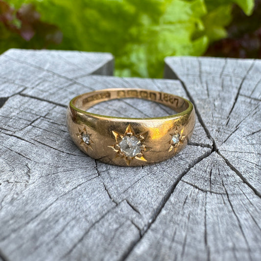 Antique 18ct yellow gold three stone 0.2ct TCW mixed old cut diamond starset gypsy ring
