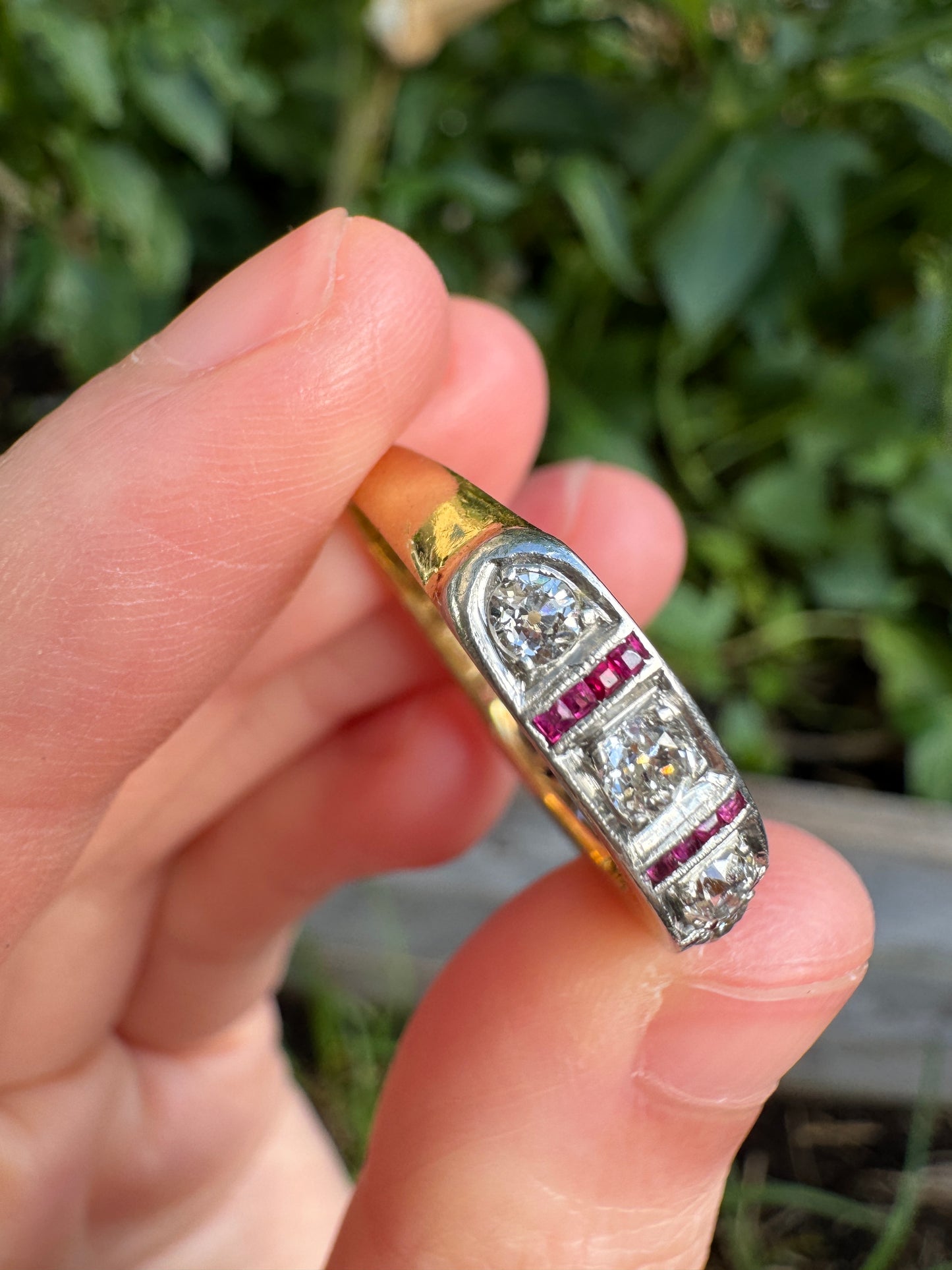 Antique 18ct yellow gold and platinum seven stone 0.73ct old cut diamond ring with 24 accent calibre cut rubies