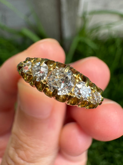 Vintage 18ct yellow gold five stone 0.44ct TCW old mine cut diamond boat ring