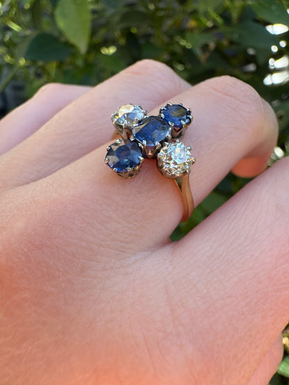 Antique 18ct yellow gold and platinum 1.12ct TCW natural sapphire and 0.8ct TCW old mine cut diamond ring