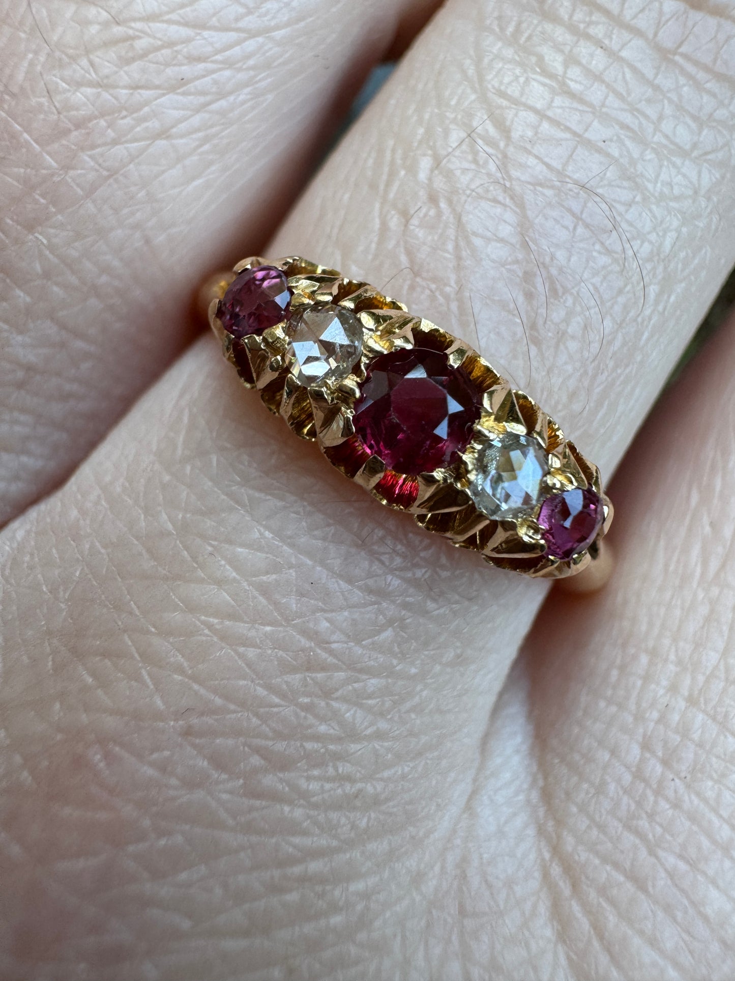 Antique Australian Wendt 18ct yellow gold five stone 0.33ct TCW natural old cut ruby and rose cut diamond ring