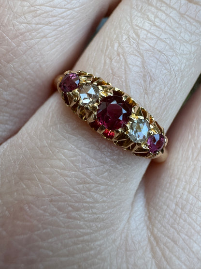 Antique Australian Wendt 18ct yellow gold five stone 0.33ct TCW natural old cut ruby and rose cut diamond ring