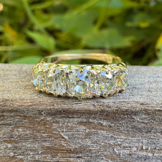 Antique 18ct yellow gold five stone 1.7ct TCW old mine cut diamond ring