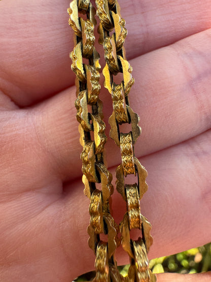 Antique 9ct gold book chain necklace with tassel, 43.5cm / 17.13 inches long