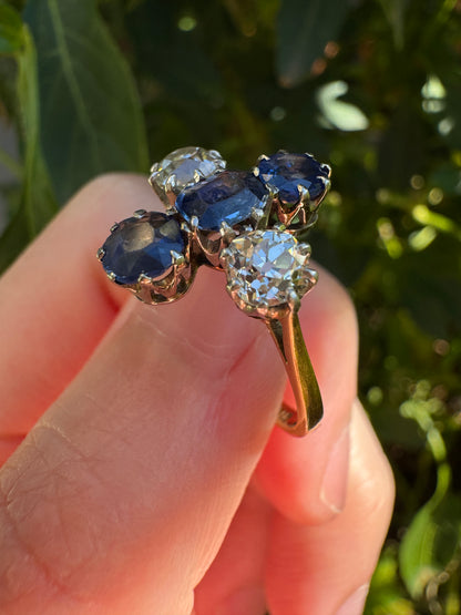Antique 18ct yellow gold and platinum 1.12ct TCW natural sapphire and 0.8ct TCW old mine cut diamond ring