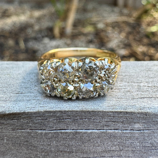 Antique 18ct yellow gold and platinum 1.1ct TCW old mine cut diamond double row ring