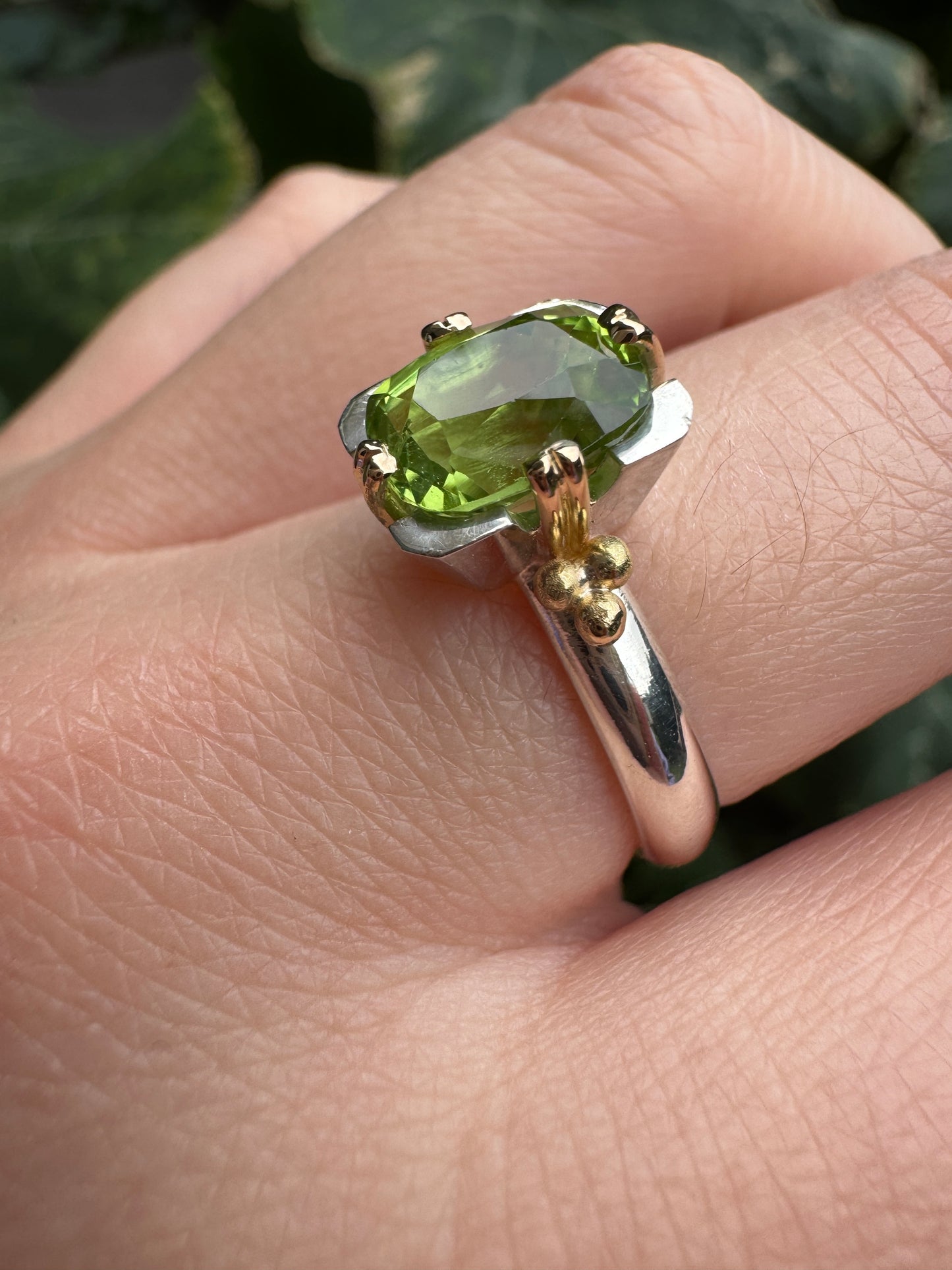 Custom handmade sterling silver and recycled 18ct yellow gold 2.54ct peridot ring