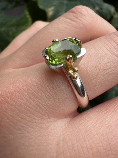 Custom handmade sterling silver and recycled 18ct yellow gold 2.54ct peridot ring