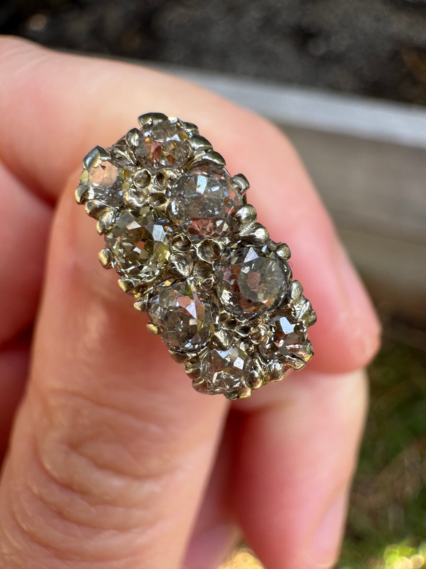 Antique 18ct yellow gold and platinum 1.1ct TCW old mine cut diamond double row ring