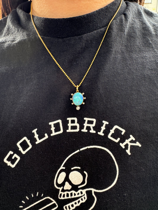 Vintage 14ct yellow gold 3.5ct opal cabochon, rose cut diamond and old mine cut diamond pendant