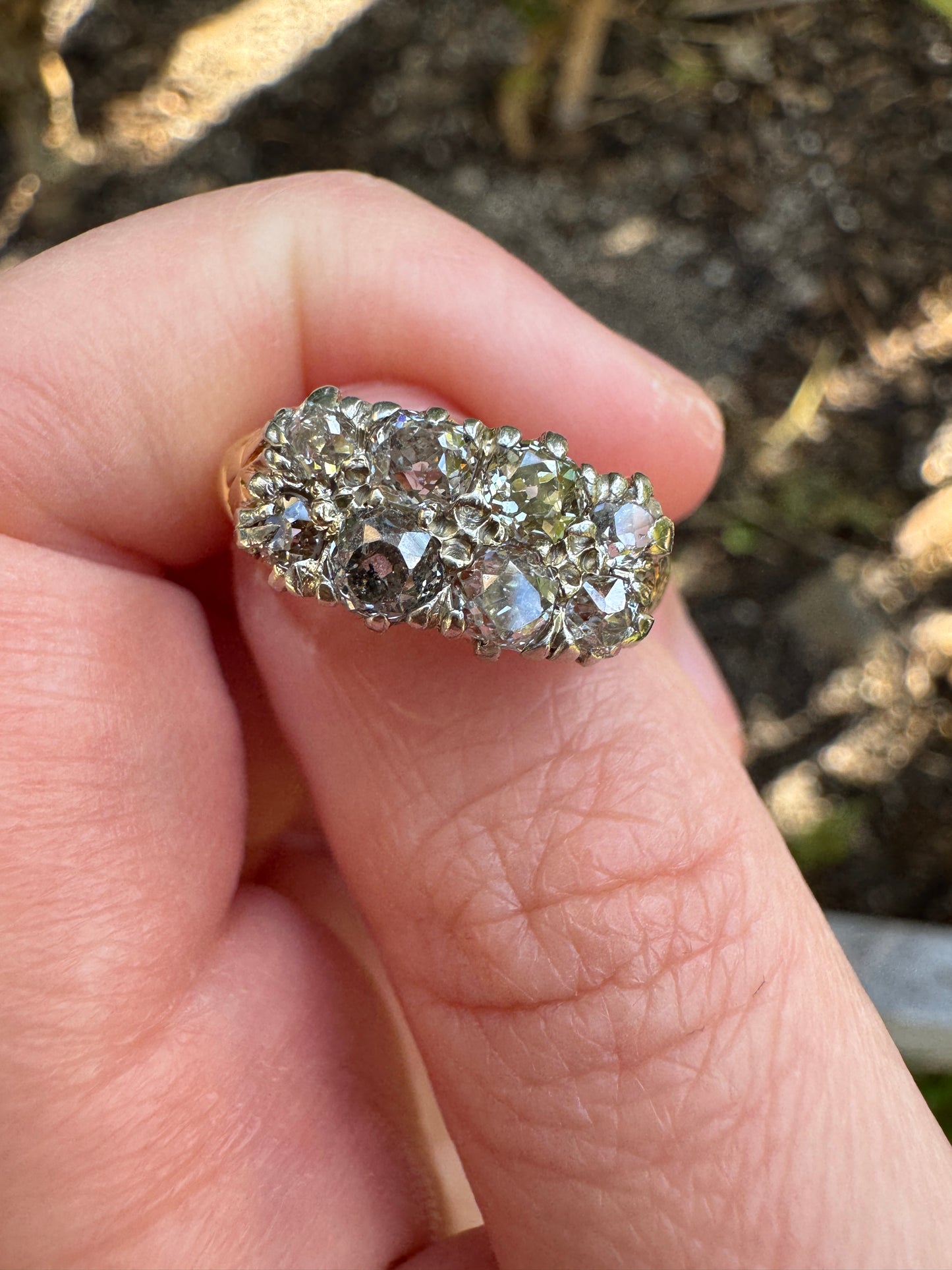 Antique 18ct yellow gold and platinum 1.1ct TCW old mine cut diamond double row ring