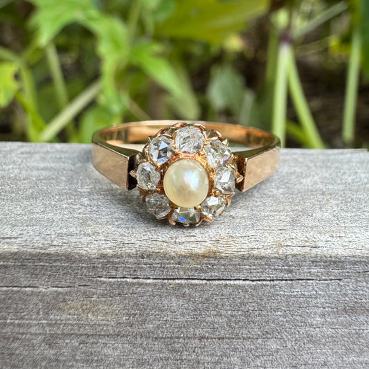 Vintage 18ct rose gold pearl and rose cut diamond daisy ring