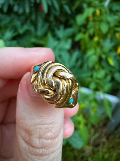 Antique Edwardian 18ct yellow gold turquoise cabochon knot ring