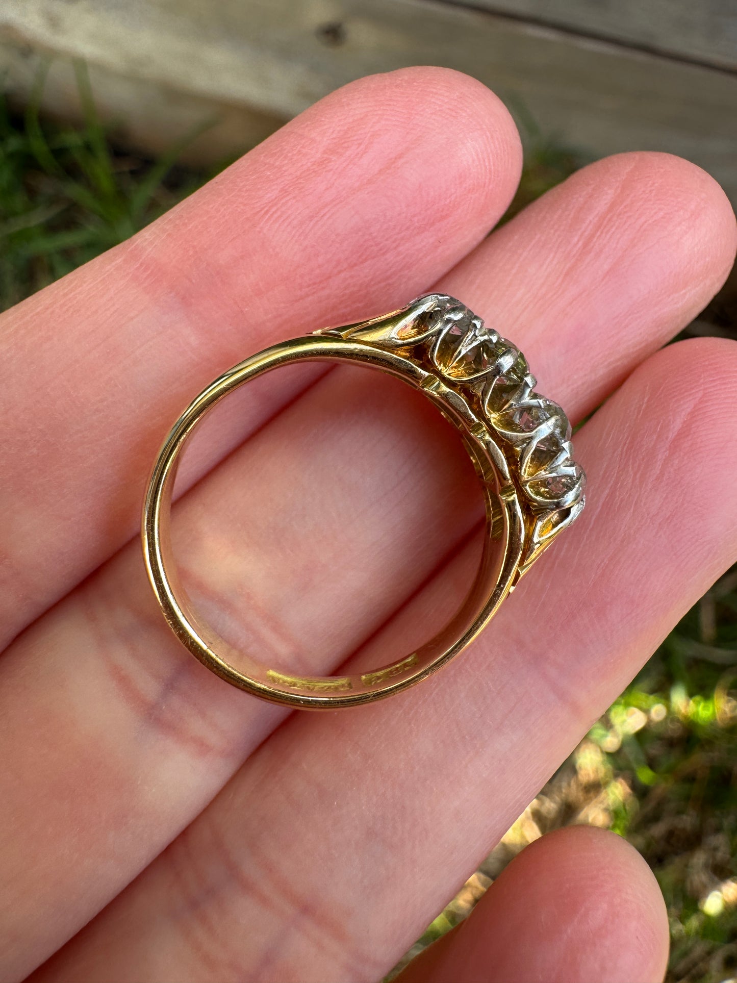 Antique 18ct yellow gold and platinum 1.1ct TCW old mine cut diamond double row ring