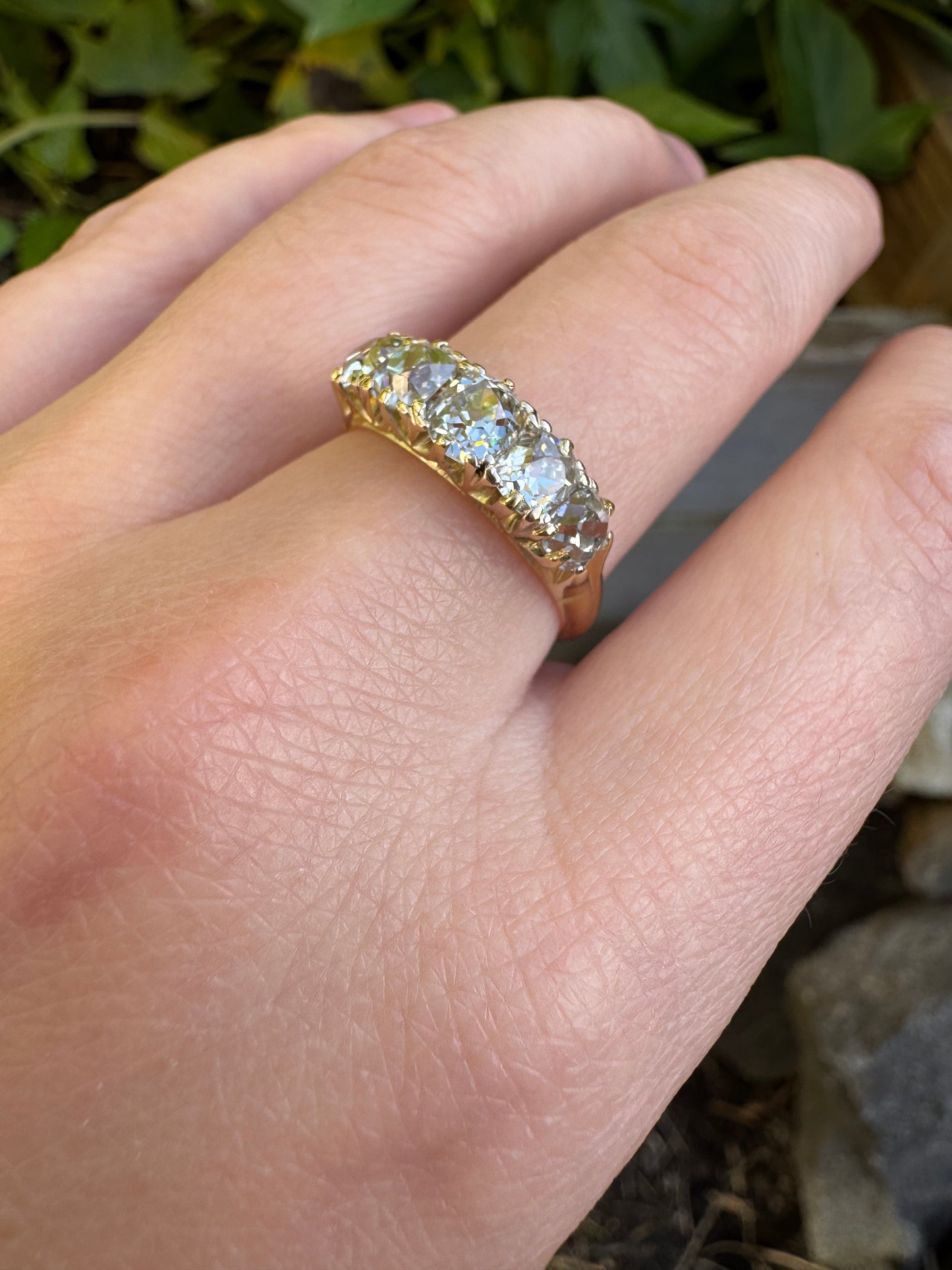 Antique 18ct yellow gold five stone 1.7ct TCW old mine cut diamond ring