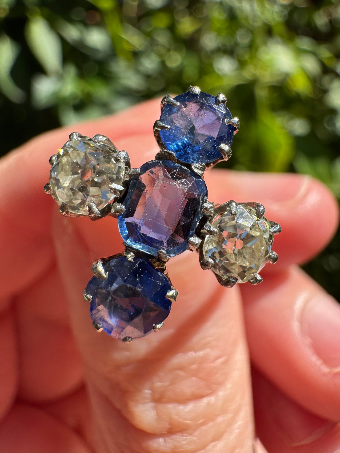 Antique 18ct yellow gold and platinum 1.12ct TCW natural sapphire and 0.8ct TCW old mine cut diamond ring
