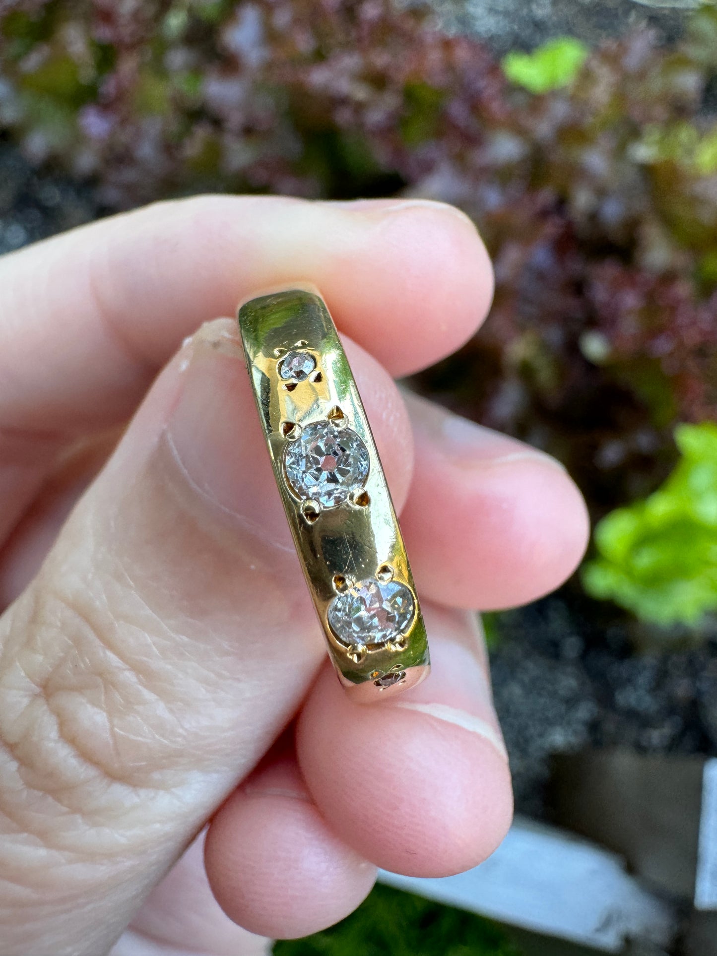 Vintage 18ct yellow gold 0.3ct TCW old mine cut and single cut diamond flush set toi et moi ring