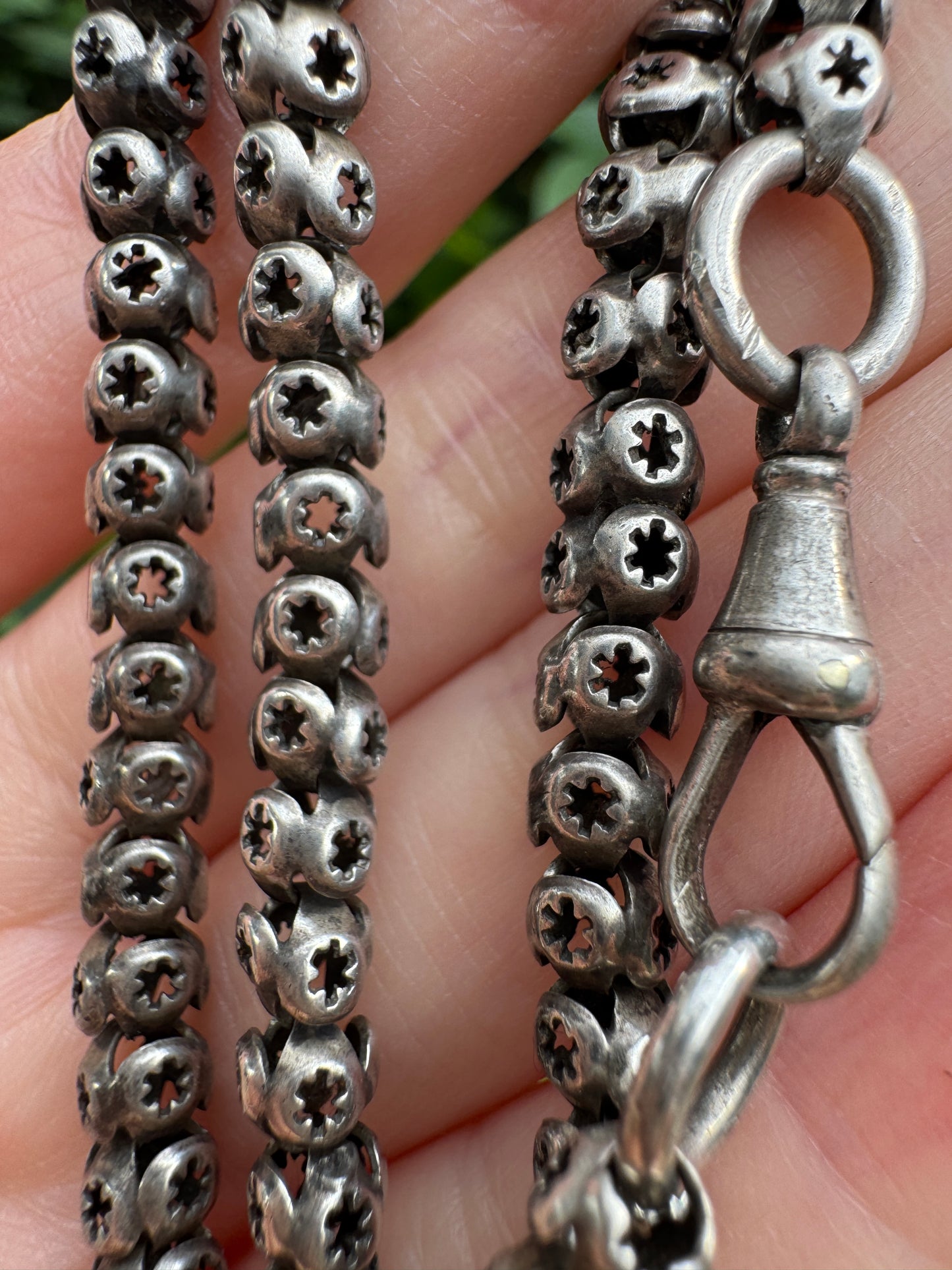 Antique sterling silver star pierced chain with dog clip, 33cm / 12.99 inches long
