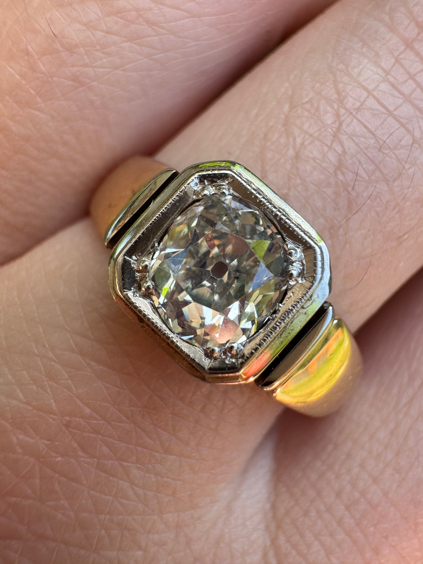 Vintage Mid Century English 9ct yellow and white gold 0.91ct old mine cut diamond signet ring
