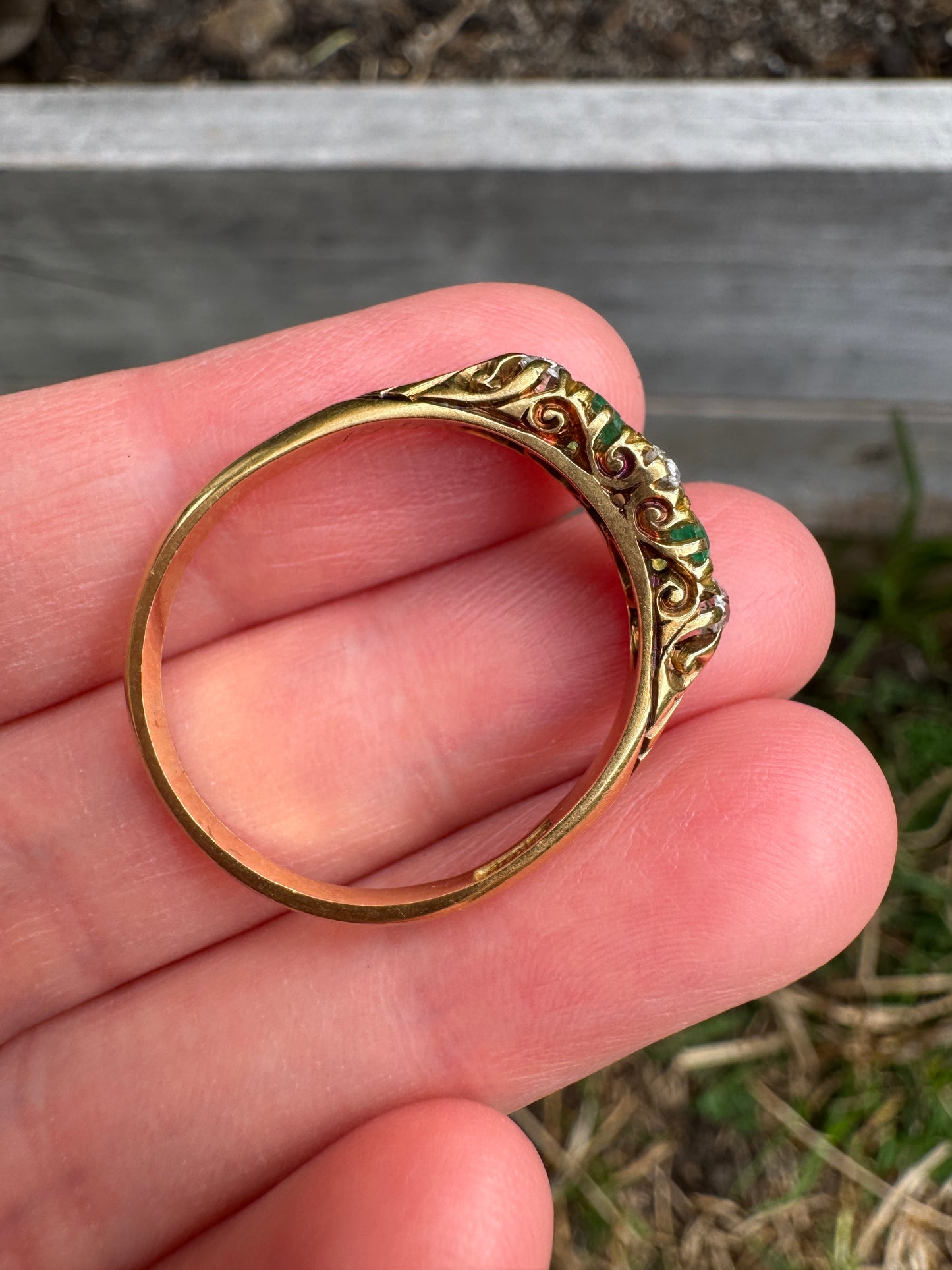 Antique Australian 18ct yellow gold 0.35ct TCW natural emerald and 0.4ct TCW old mine cut diamond ring