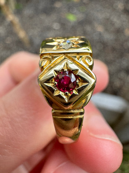 Antique Australian 15ct yellow gold rose cut diamond and ruby starset gypsy ring