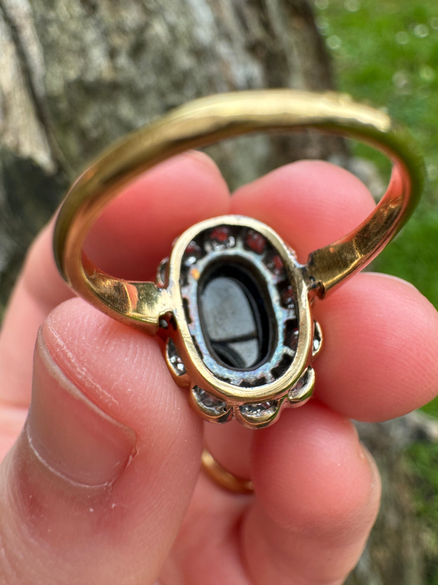 Vintage French 18ct yellow gold 2.5ct sapphire cabochon and 0.75ct TCW old mine cut diamond ring